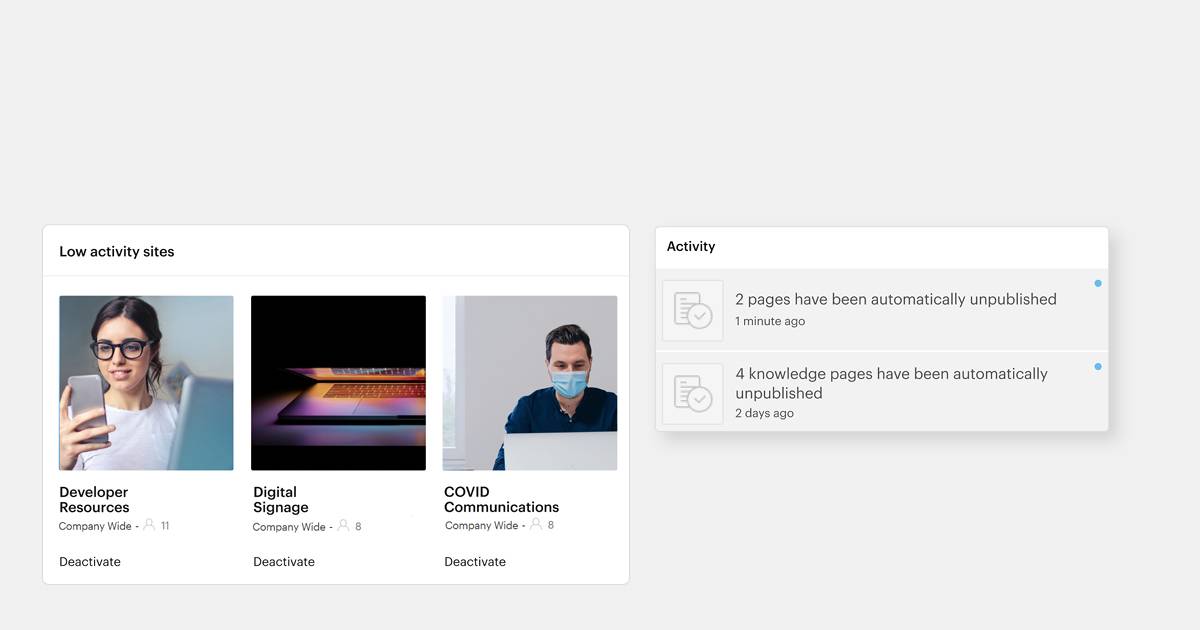 Simpplr AI content moderation - page tracking low-activity pages with options for deactivating them